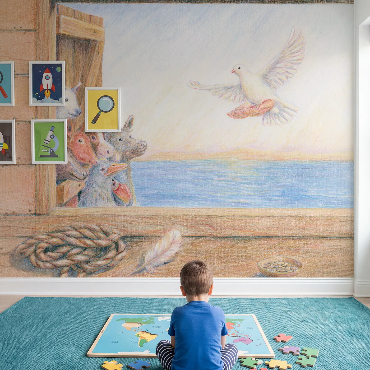 Child in nursery with Sending Out the Dove Wallpaper Mural by Whimsy Tots