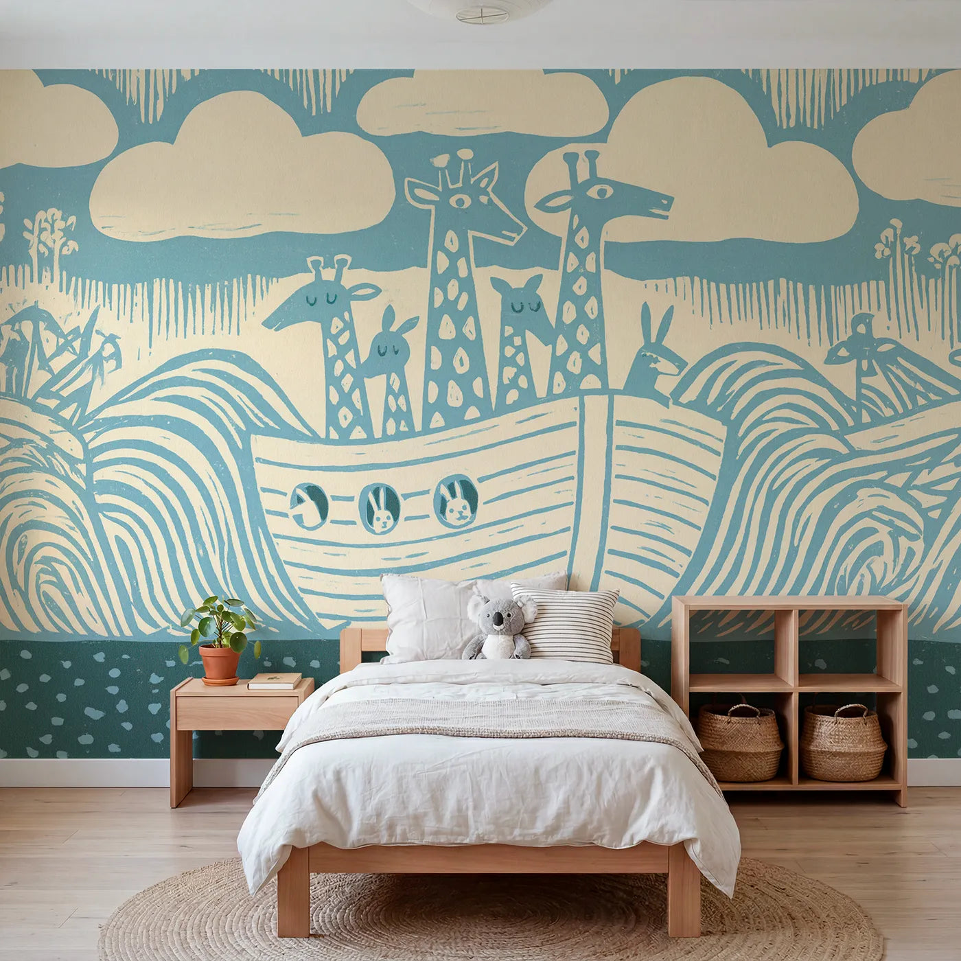 Linocut wall mural of an ark silhouette in blue and cream by Whimsy Tots