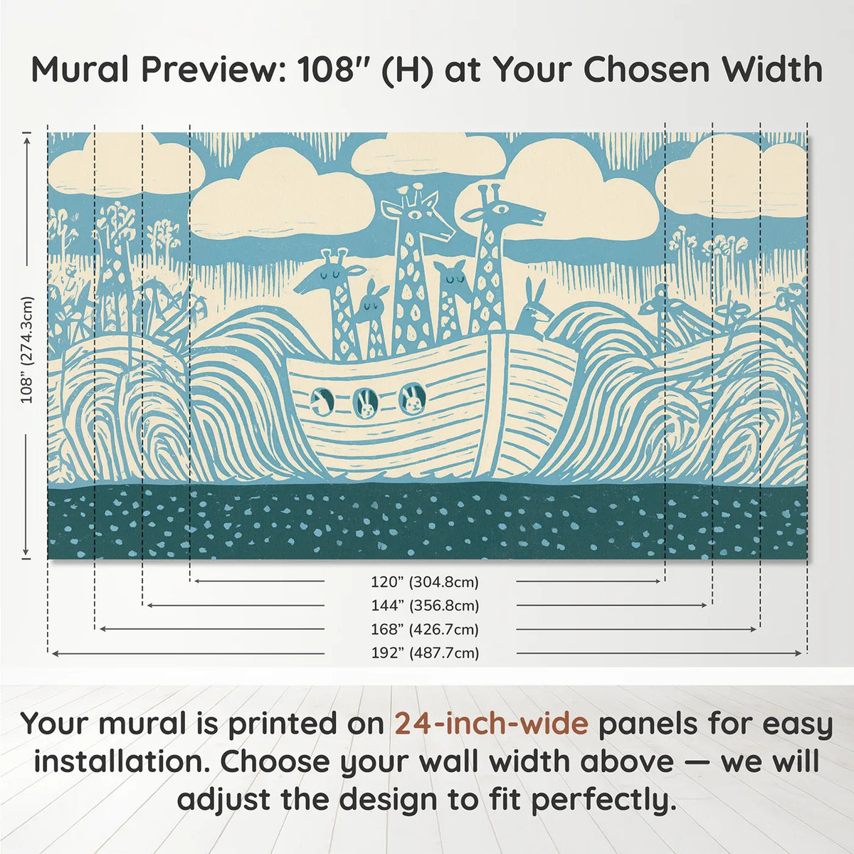 Panel layout and dimensions for Gentle Ark Silhouette Wallpaper Mural by Whimsy Tots
