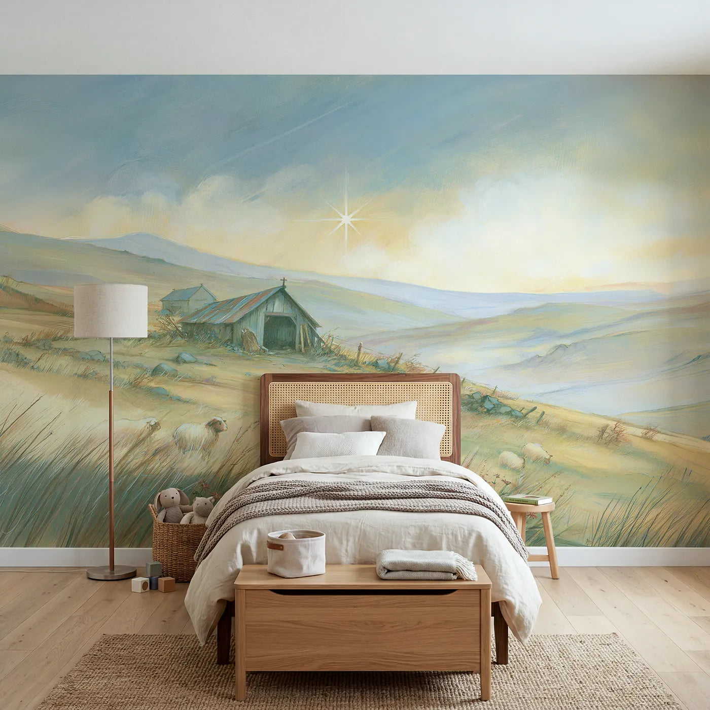 Storybook wall mural of the Star of Bethlehem on warm cream by Whimsy Tots