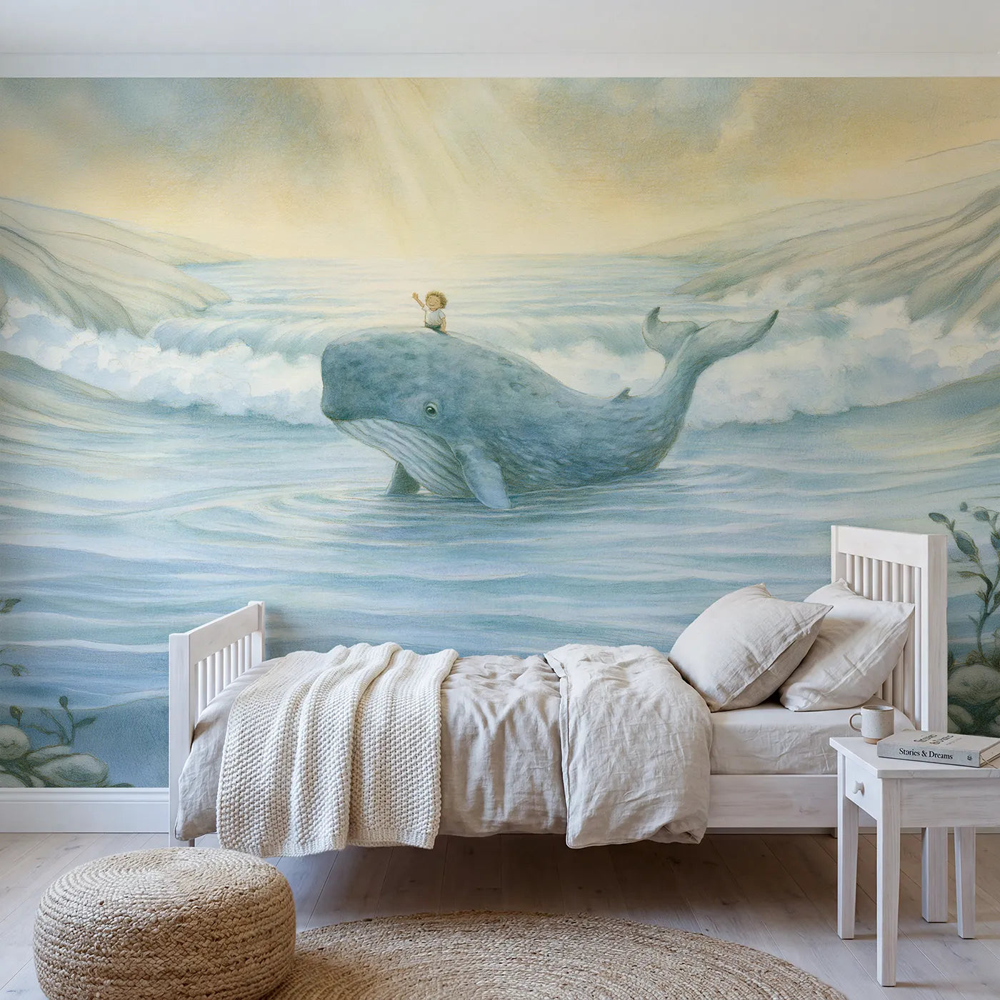 Storybook wall mural of Jonah and a friendly whale on warm cream by Whimsy Tots