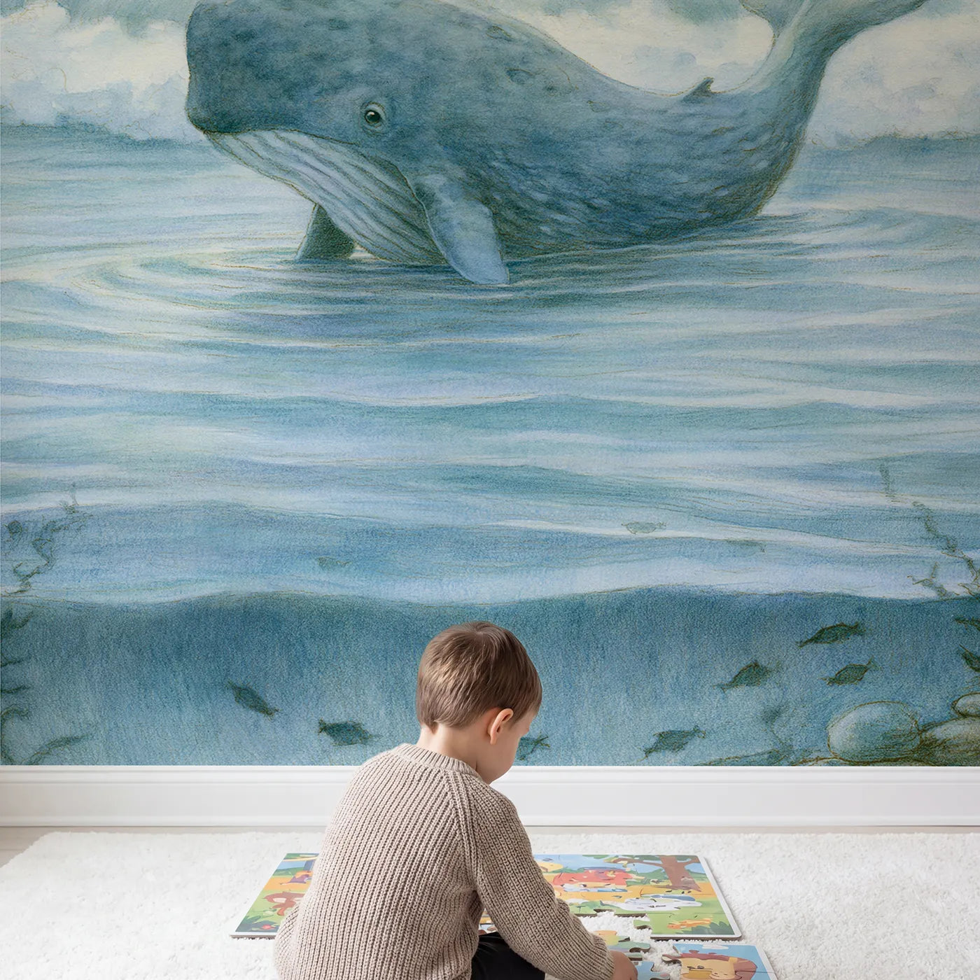 Child in nursery with Jonah and the Friendly Whale Wallpaper Mural by Whimsy Tots