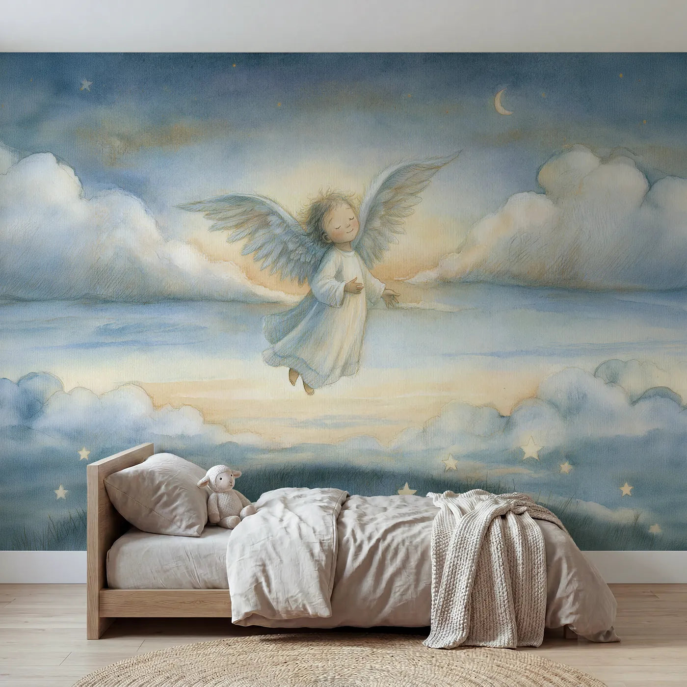 Storybook wall mural of a gentle guardian angel on warm cream by Whimsy Tots