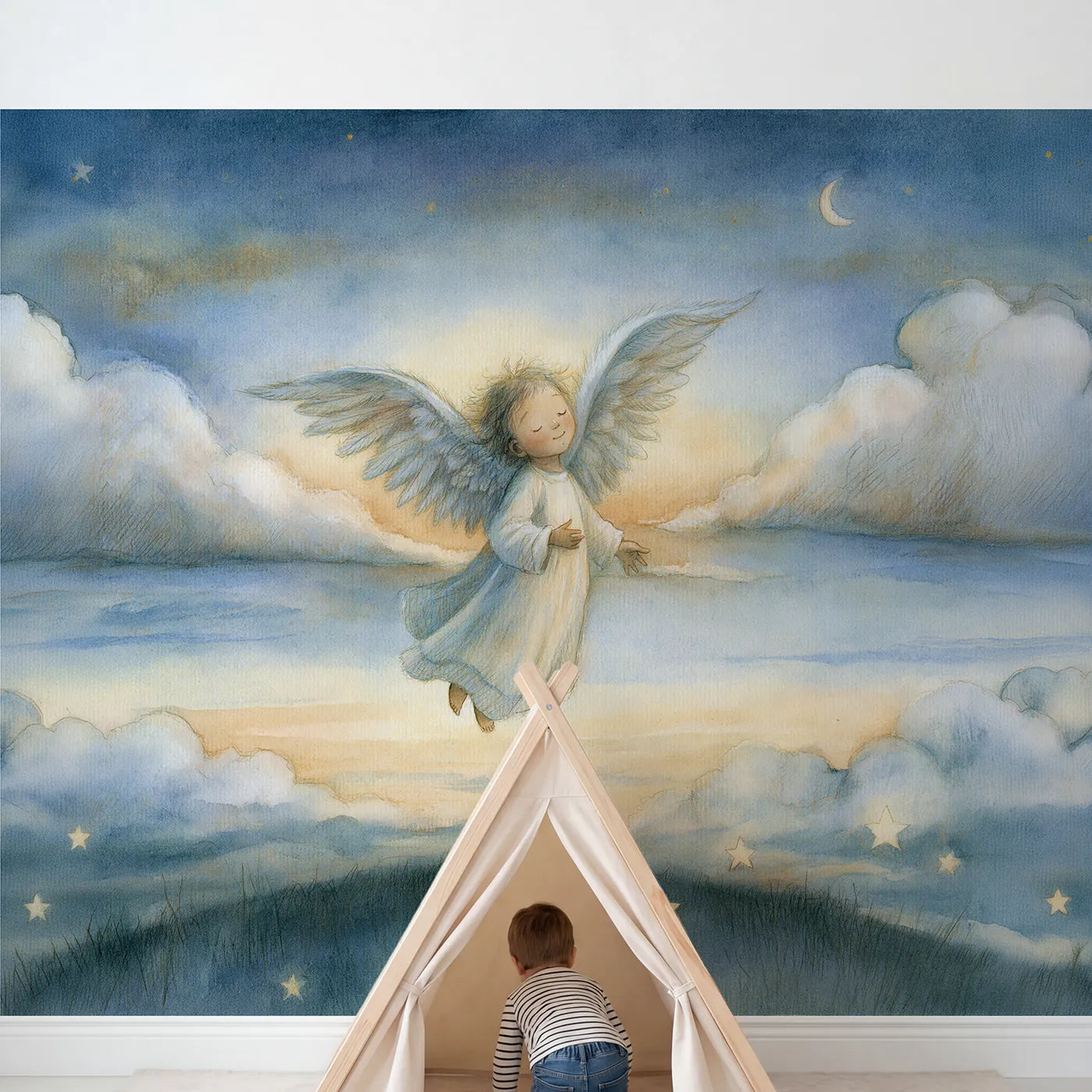 Child in nursery with Gentle Guardian Angel Wallpaper Mural by Whimsy Tots
