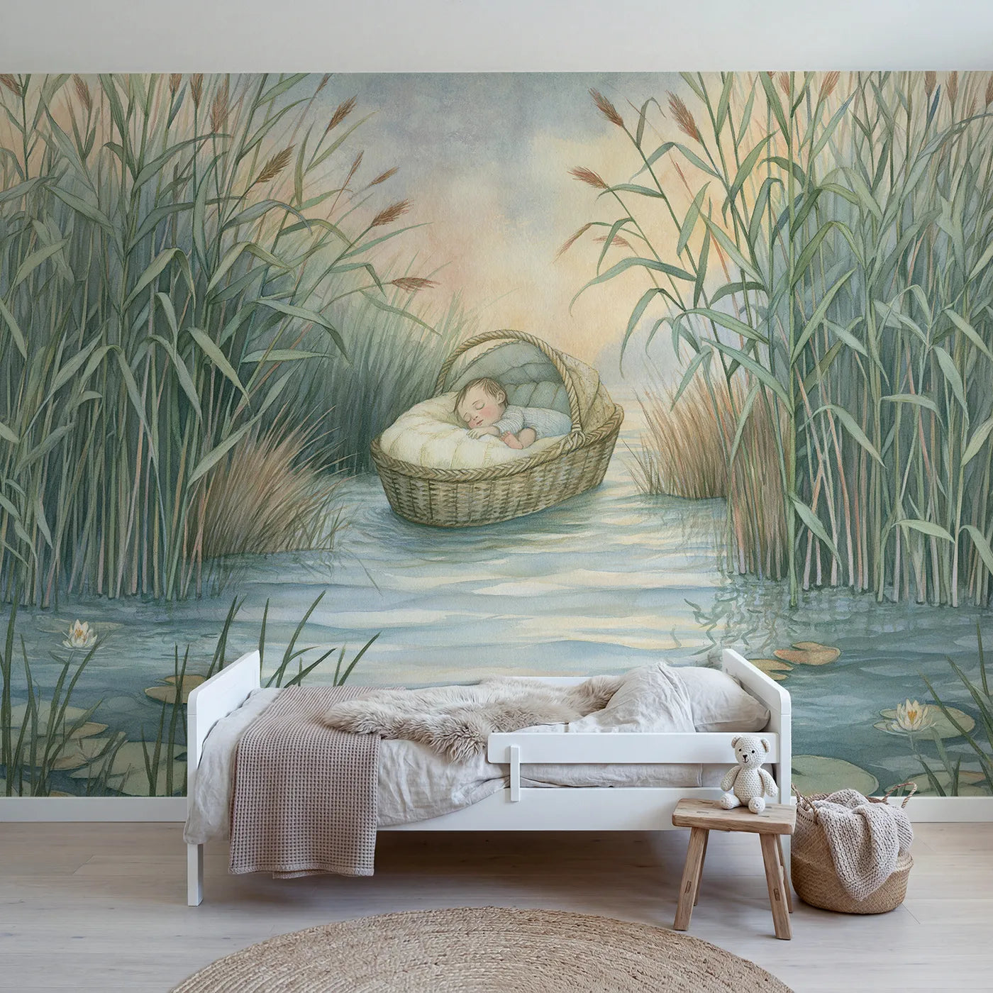 Storybook wall mural of Moses in a basket among reeds by Whimsy Tots