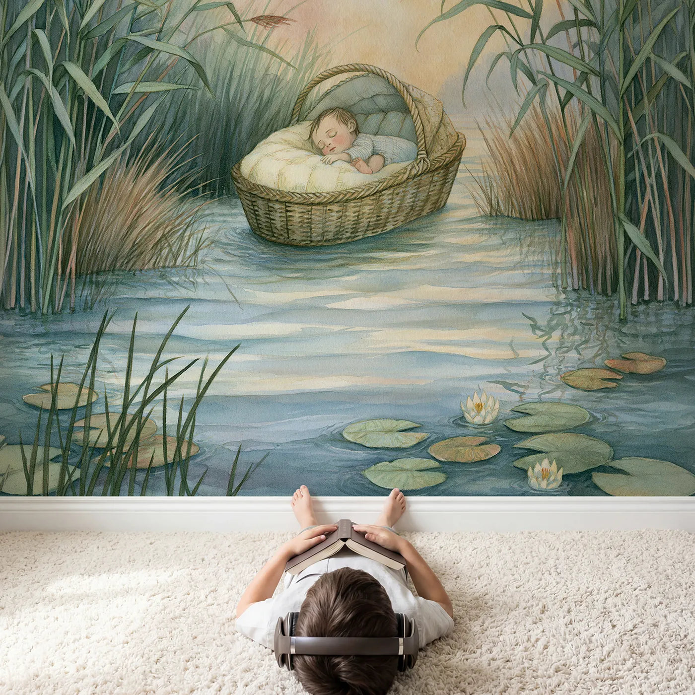Child in nursery with Baby Moses Basket Wallpaper Mural by Whimsy Tots