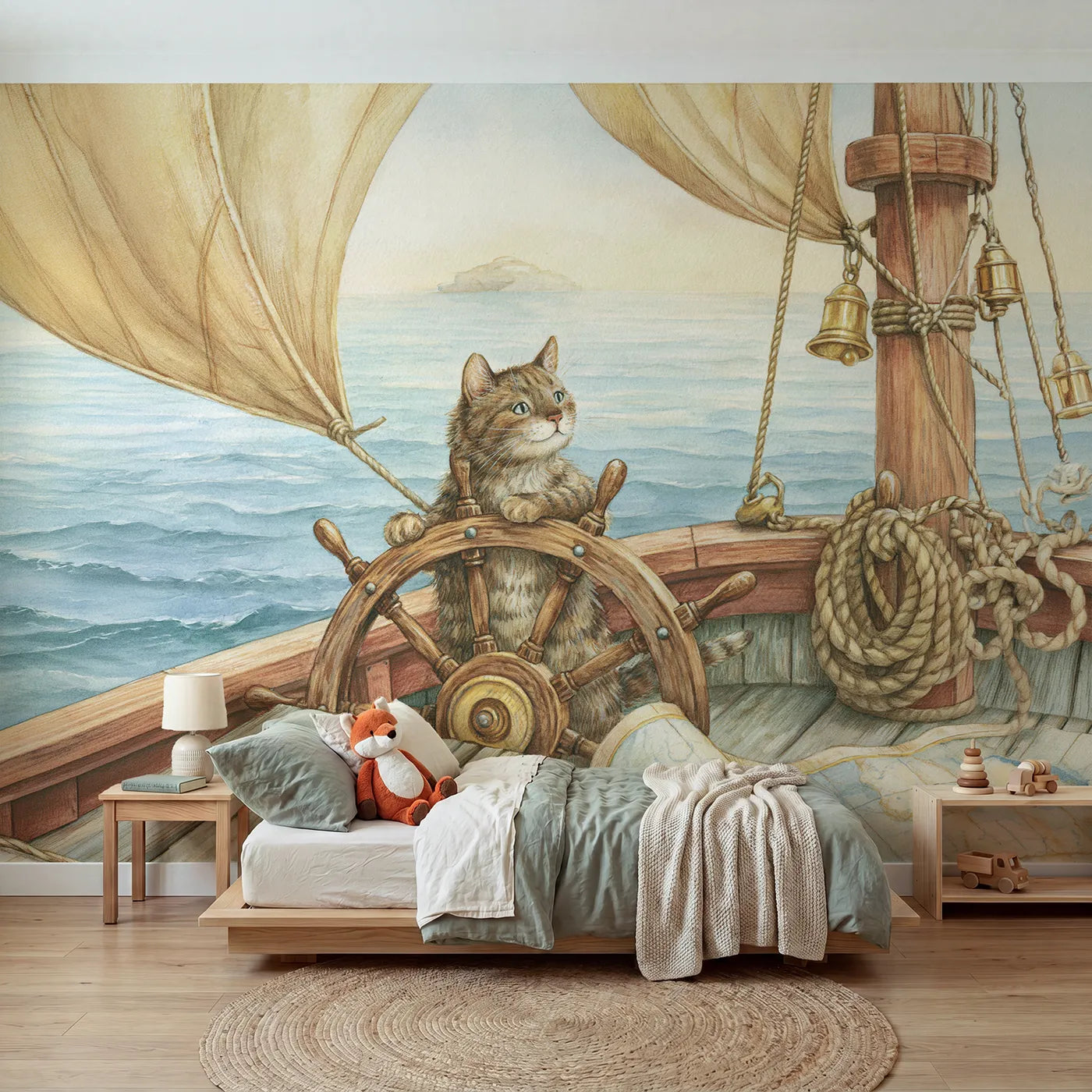 Storybook wall mural of a cat captain at the wheel on warm putty by Whimsy Tots