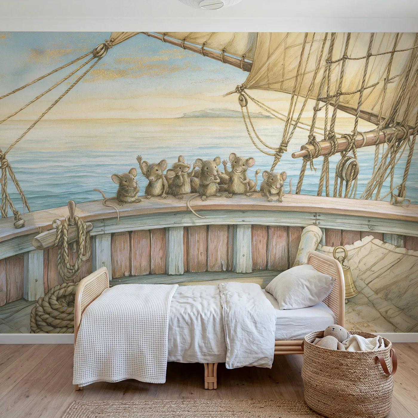 Storybook wall mural of a mouse crew waving on deck on warm putty by Whimsy Tots