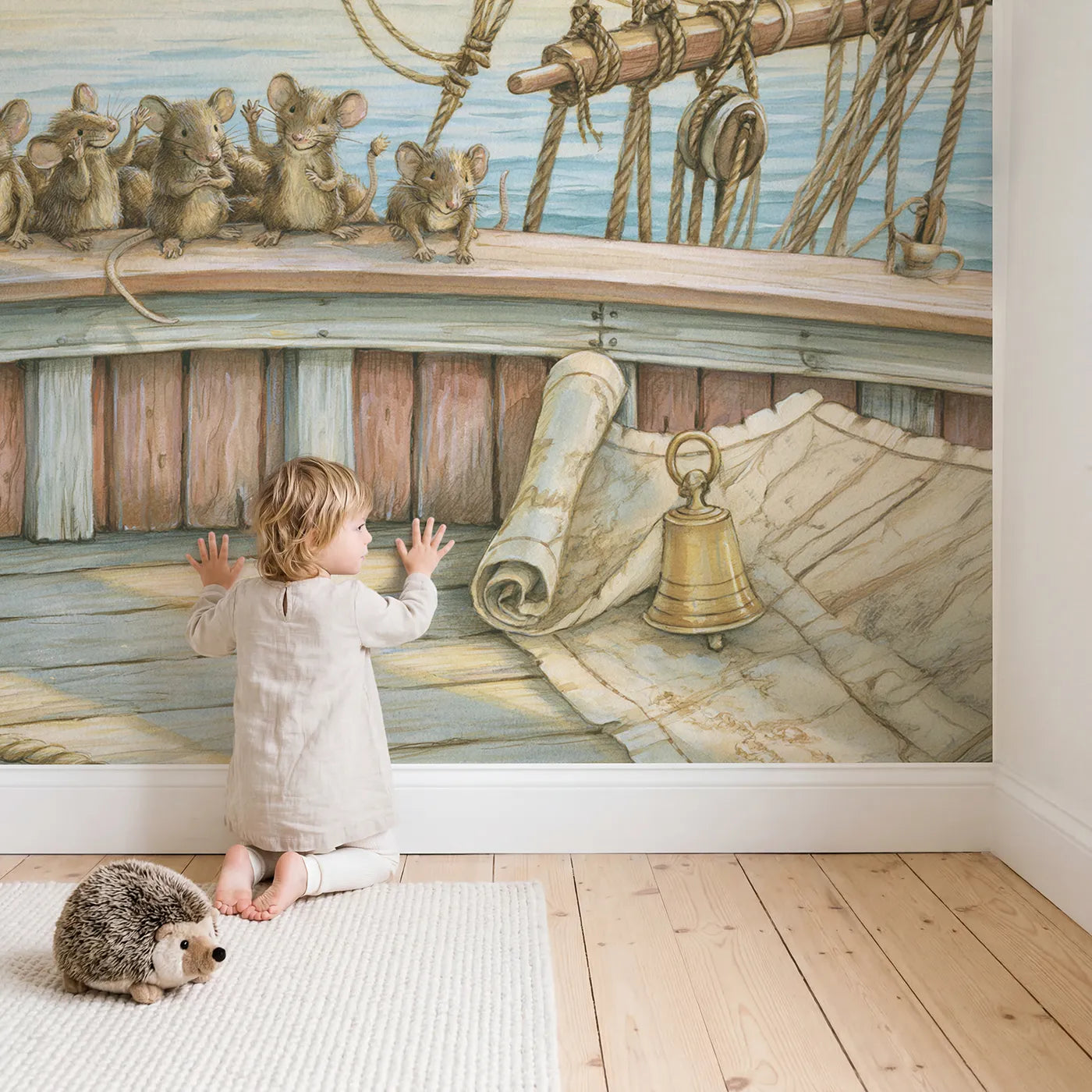 Child in nursery with Mouse Pirate Crew Wallpaper Mural by Whimsy Tots