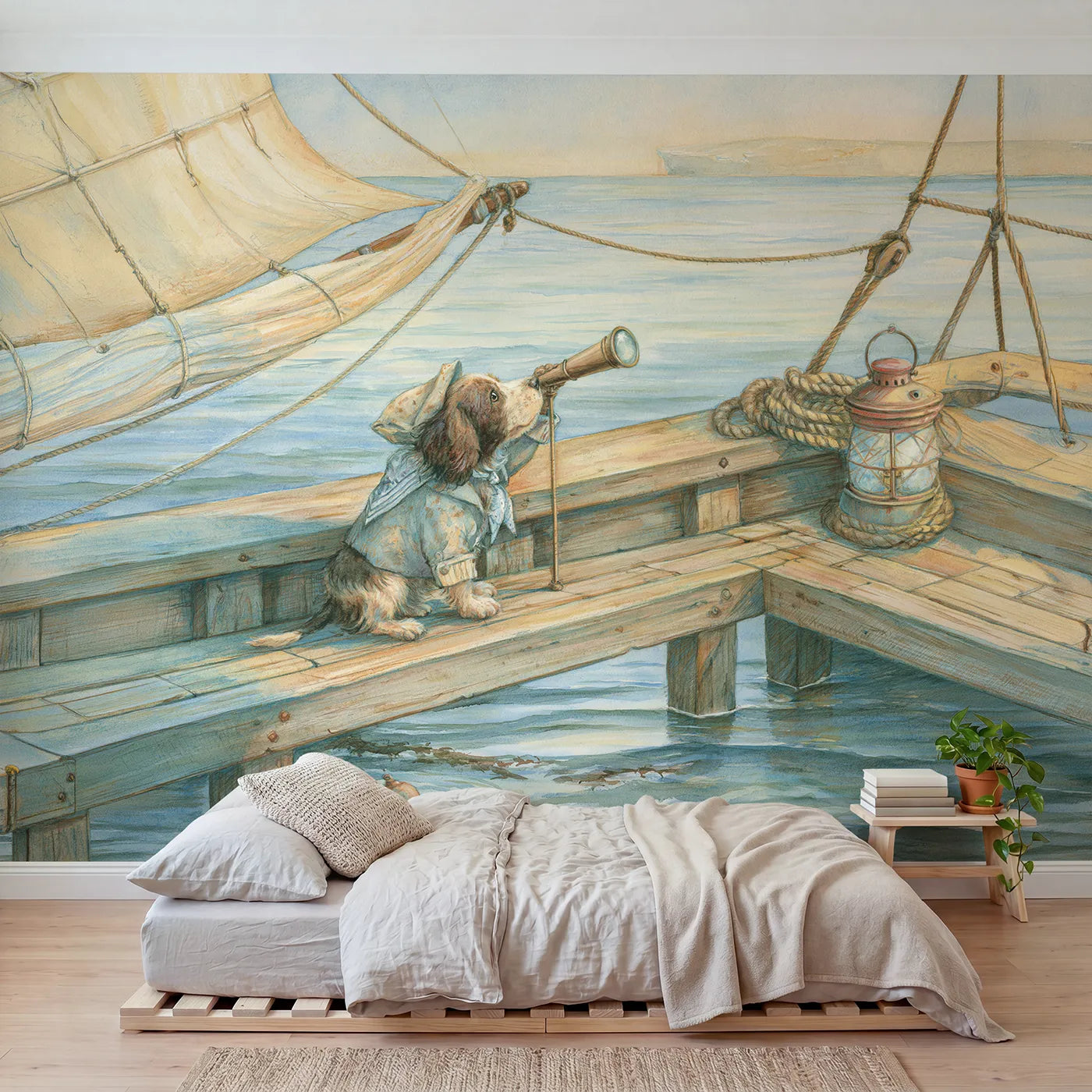 Storybook wall mural of a dog sailor with a spyglass on cool cream by Whimsy Tots