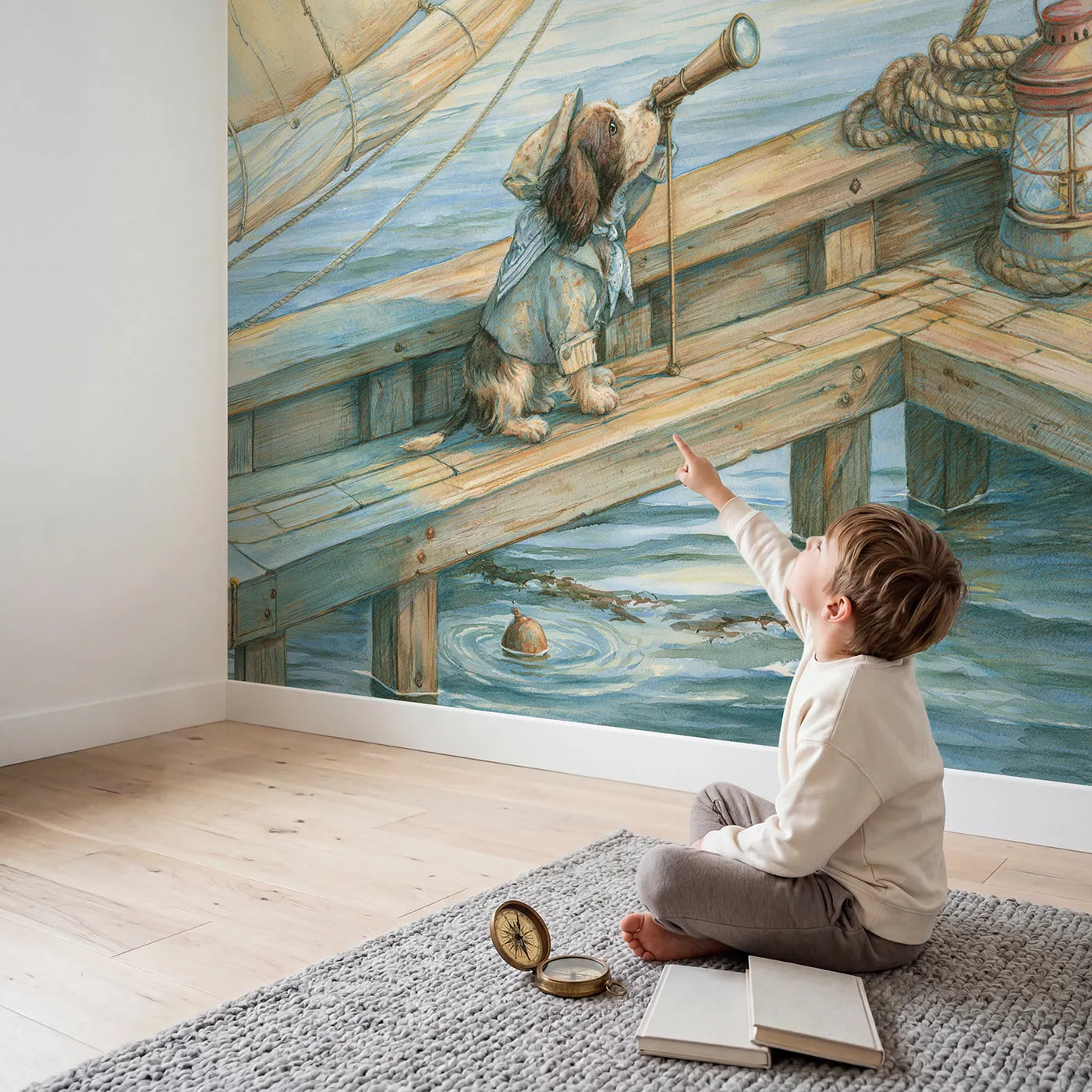 Child in nursery with Friendly Dog Sailor Wallpaper Mural by Whimsy Tots