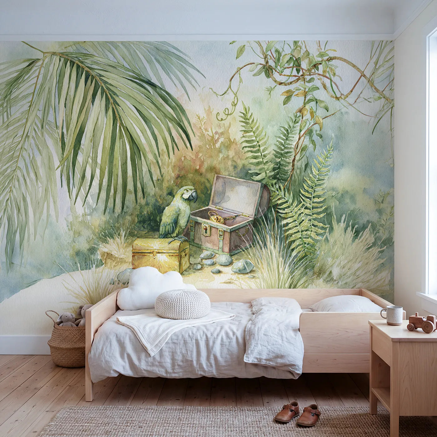 Watercolor wall mural of a parrot by a treasure chest on warm cream by Whimsy Tots