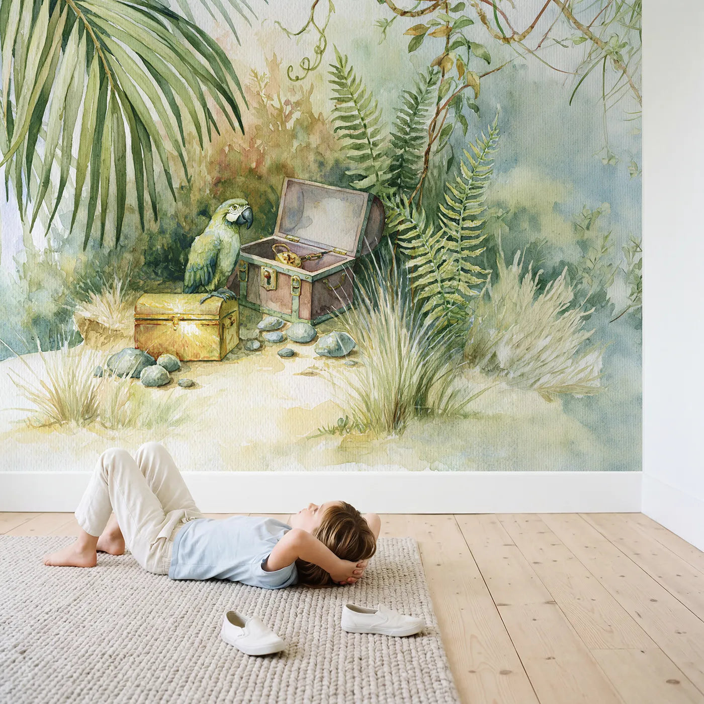 Child in nursery with Parrot Treasure Friend Wallpaper Mural by Whimsy Tots