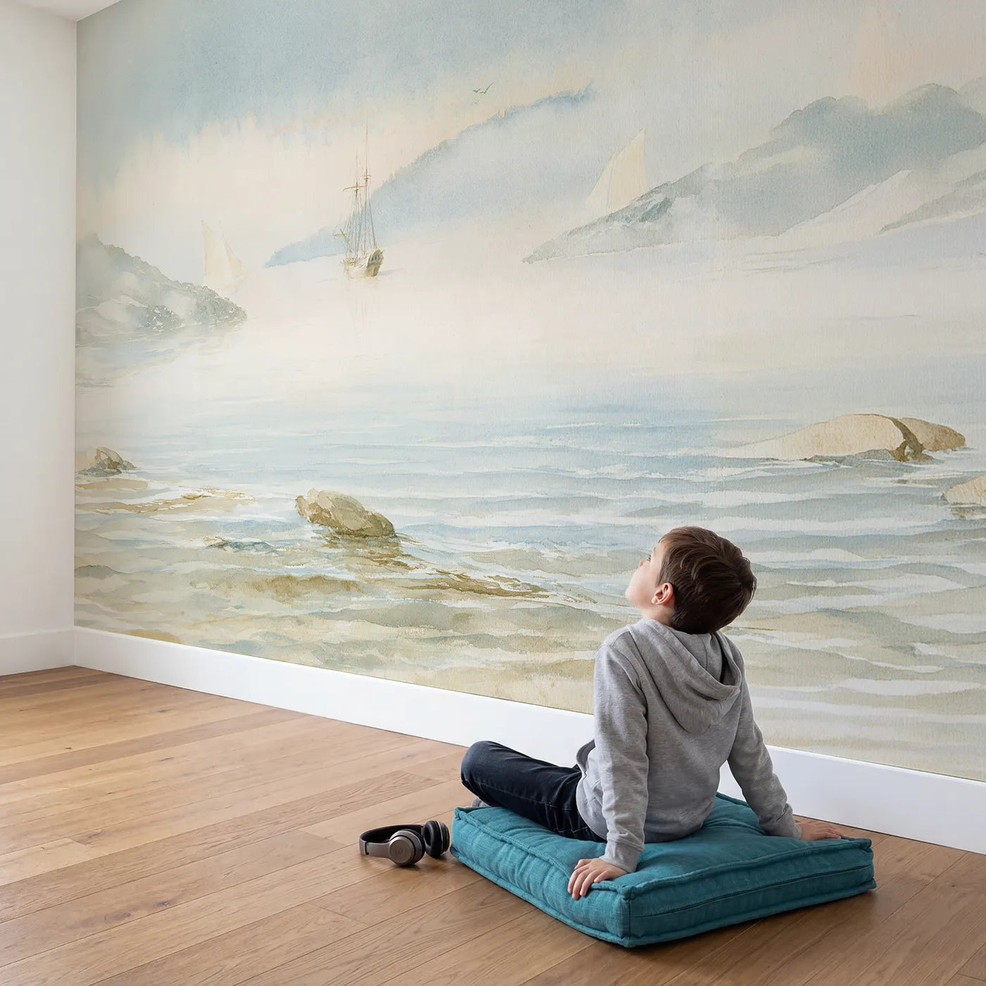 Child in nursery with Misty Pirate Cove Wallpaper Mural by Whimsy Tots