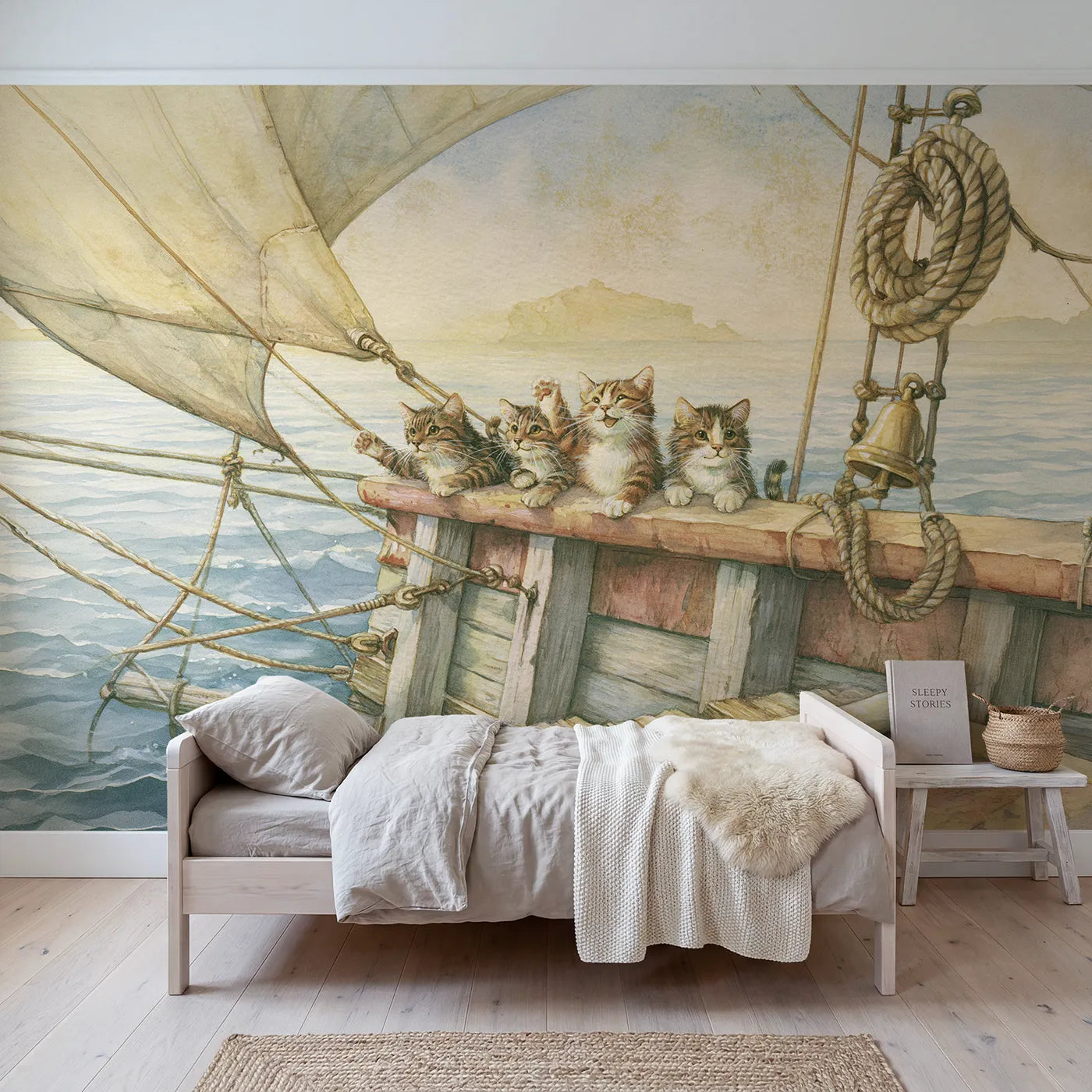 Storybook wall mural of a cat crew waving from a ship on warm putty by Whimsy Tots