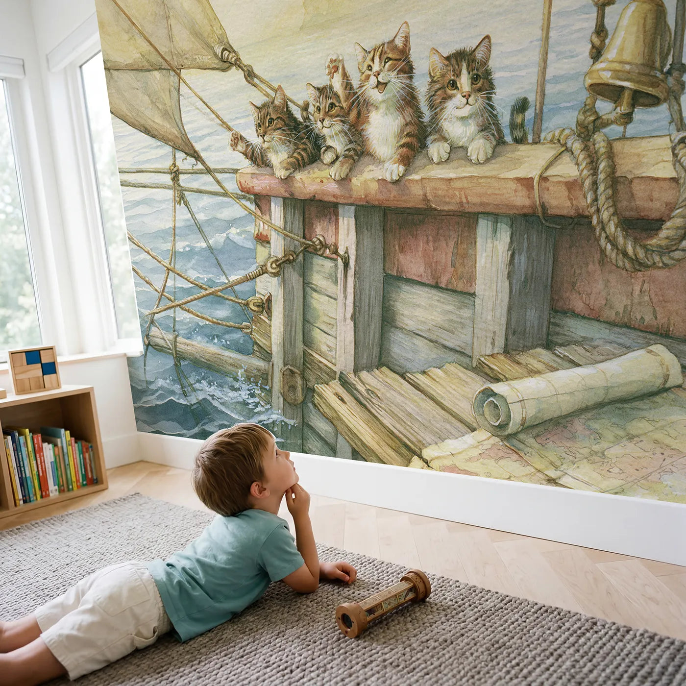 Child in nursery with Cat Crew Adventure Wallpaper Mural by Whimsy Tots