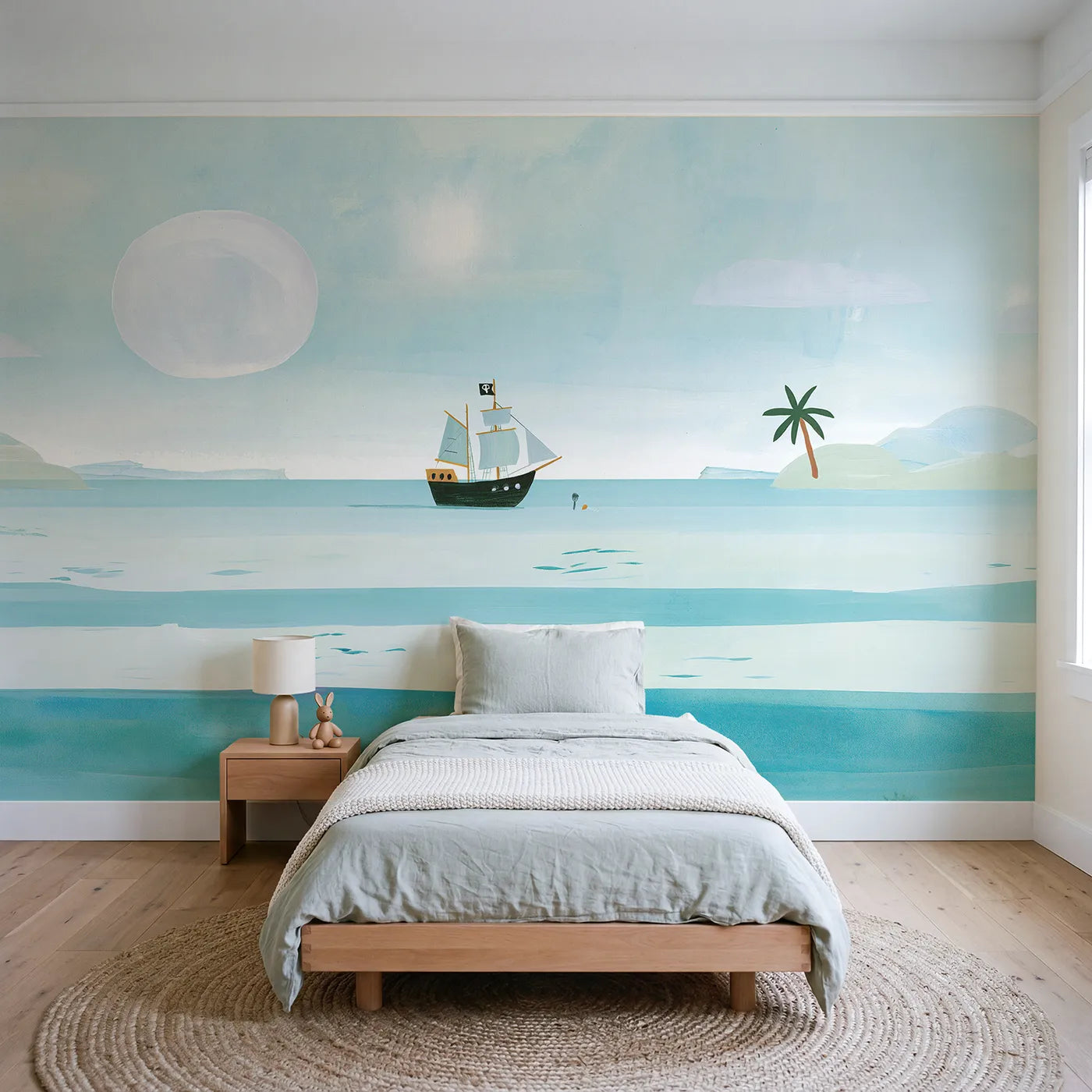 Gouache wall mural of a folk pirate ship on cool cream by Whimsy Tots