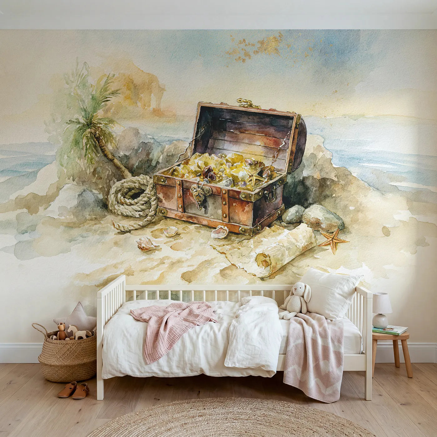 Watercolor wall mural of a glowing treasure chest on warm cream by Whimsy Tots