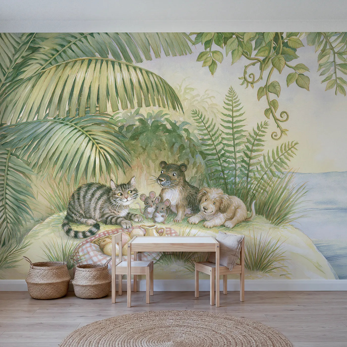 Storybook wall mural of an animal crew island picnic on warm cream by Whimsy Tots