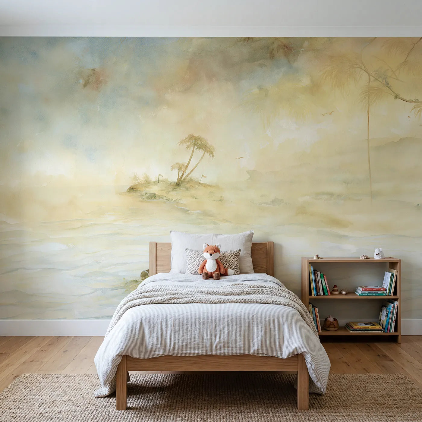 Watercolor wall mural of a golden treasure island on warm cream by Whimsy Tots