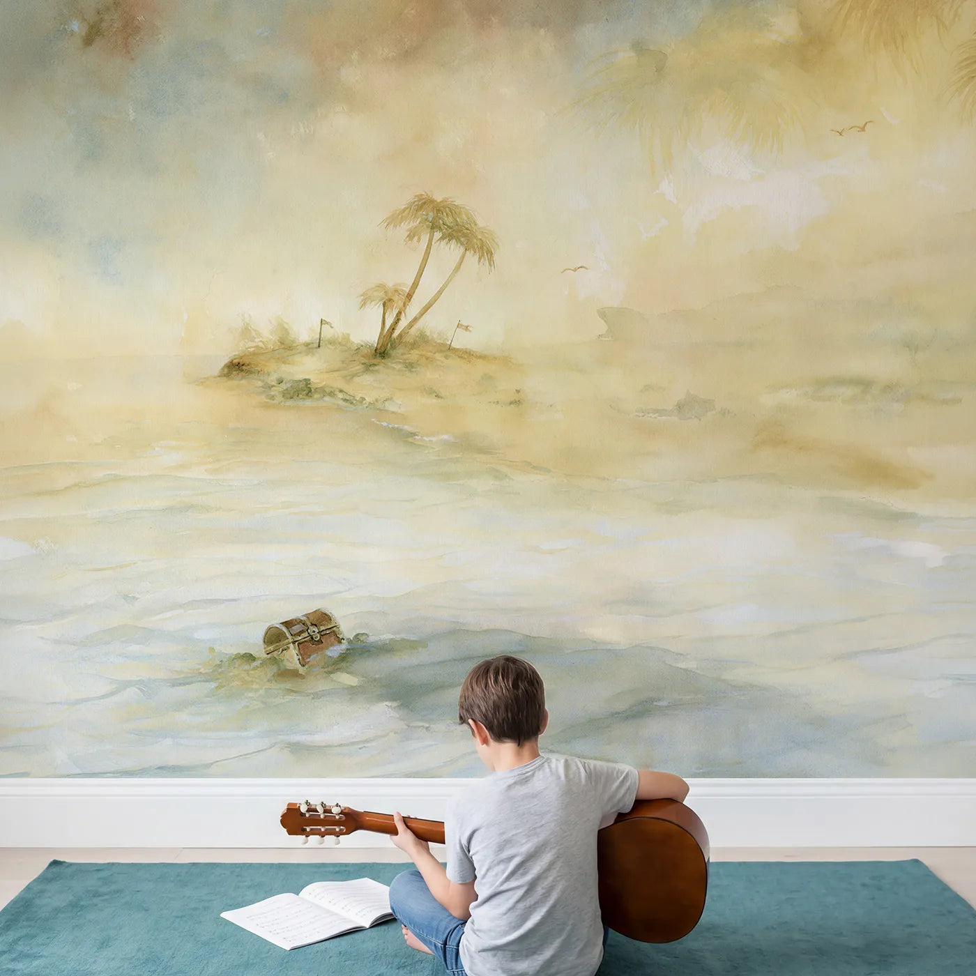 Child in nursery with Golden Treasure Island Wallpaper Mural by Whimsy Tots