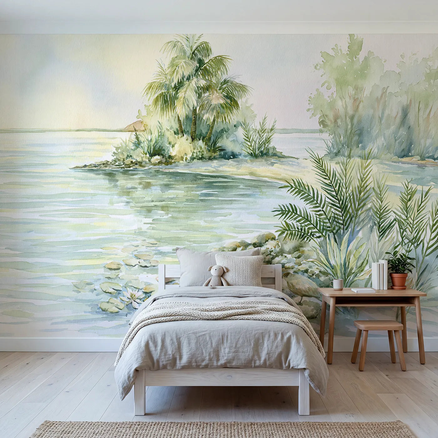 Watercolor wall mural of a palm island lagoon on cool cream by Whimsy Tots