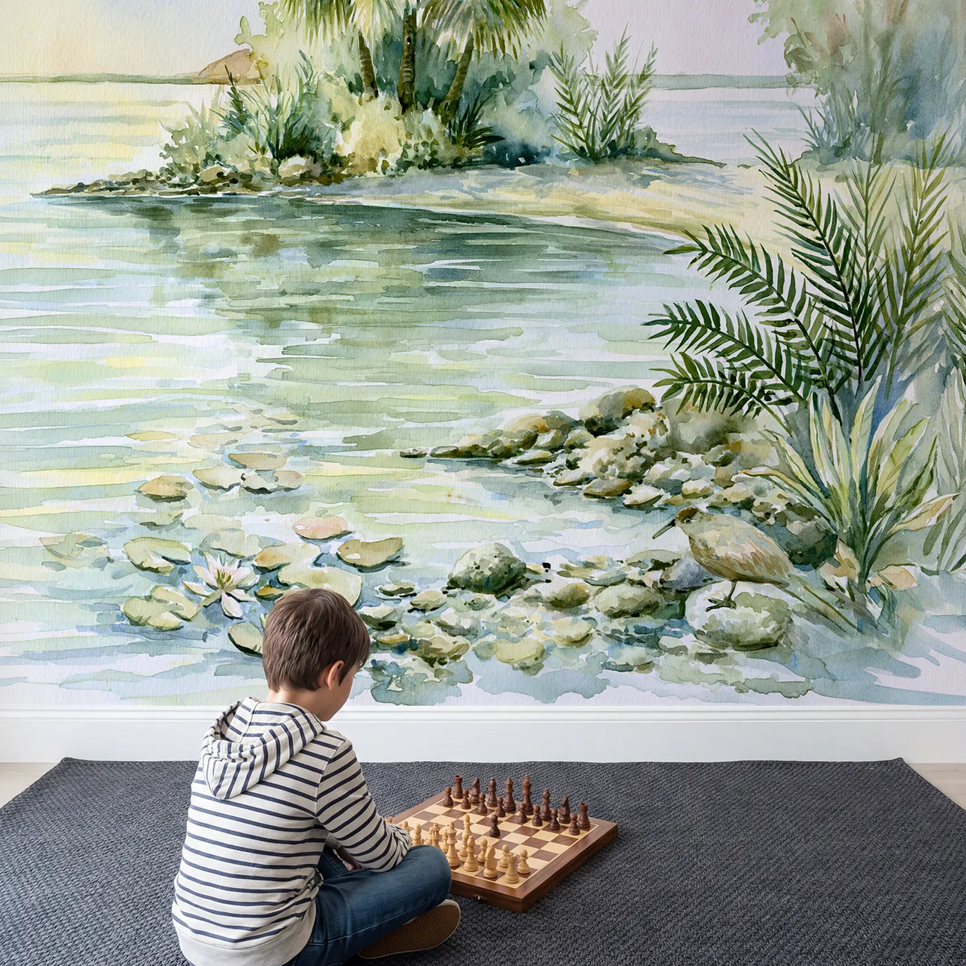 Child in nursery with Island Palm Lagoon Wallpaper Mural by Whimsy Tots