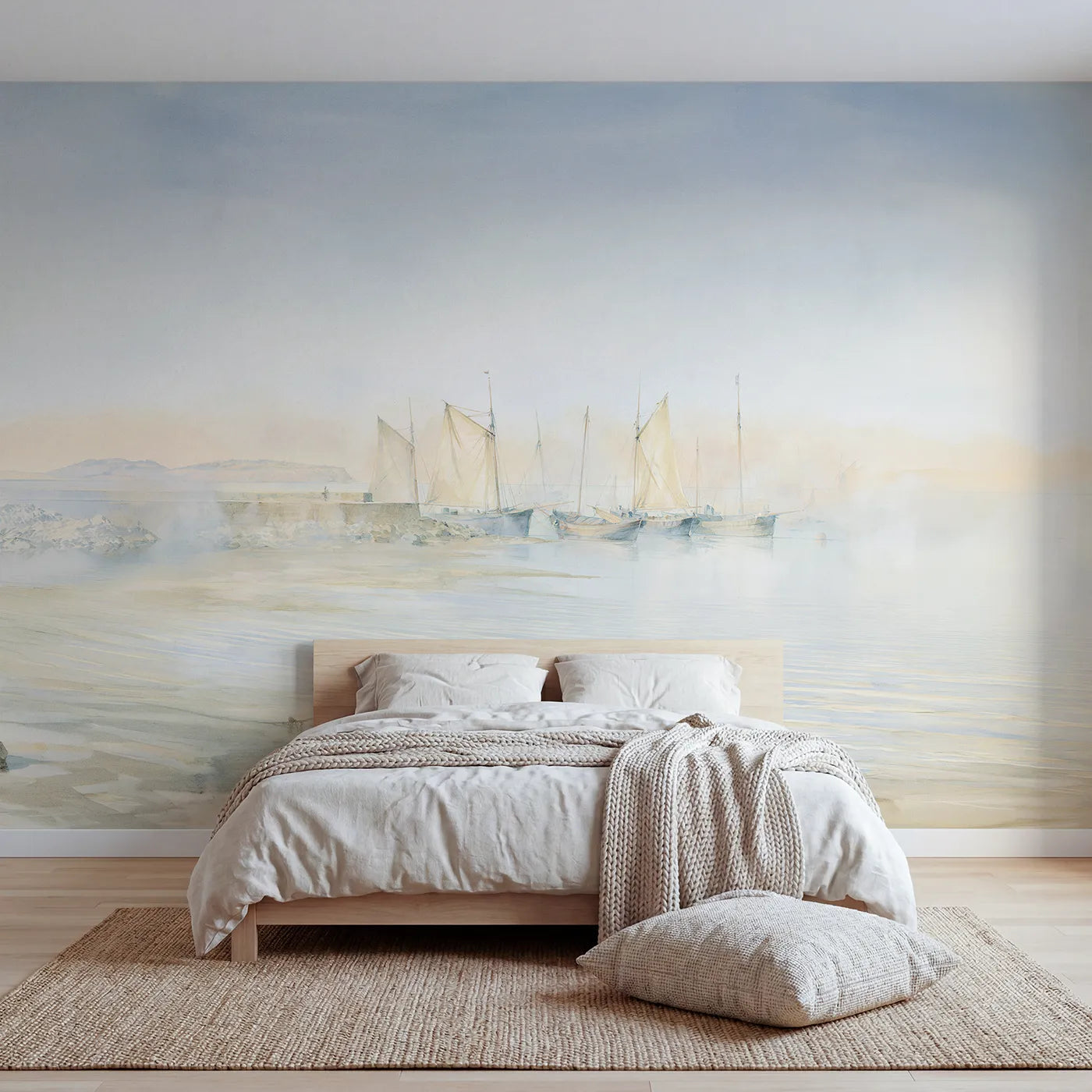 Watercolor wall mural of a harbor at dawn on cool cream by Whimsy Tots