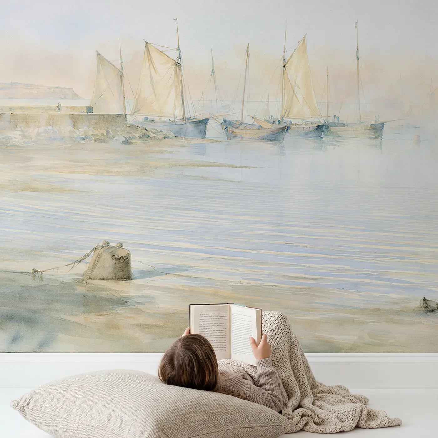 Child in nursery with Calm Harbor Dawn Wallpaper Mural by Whimsy Tots