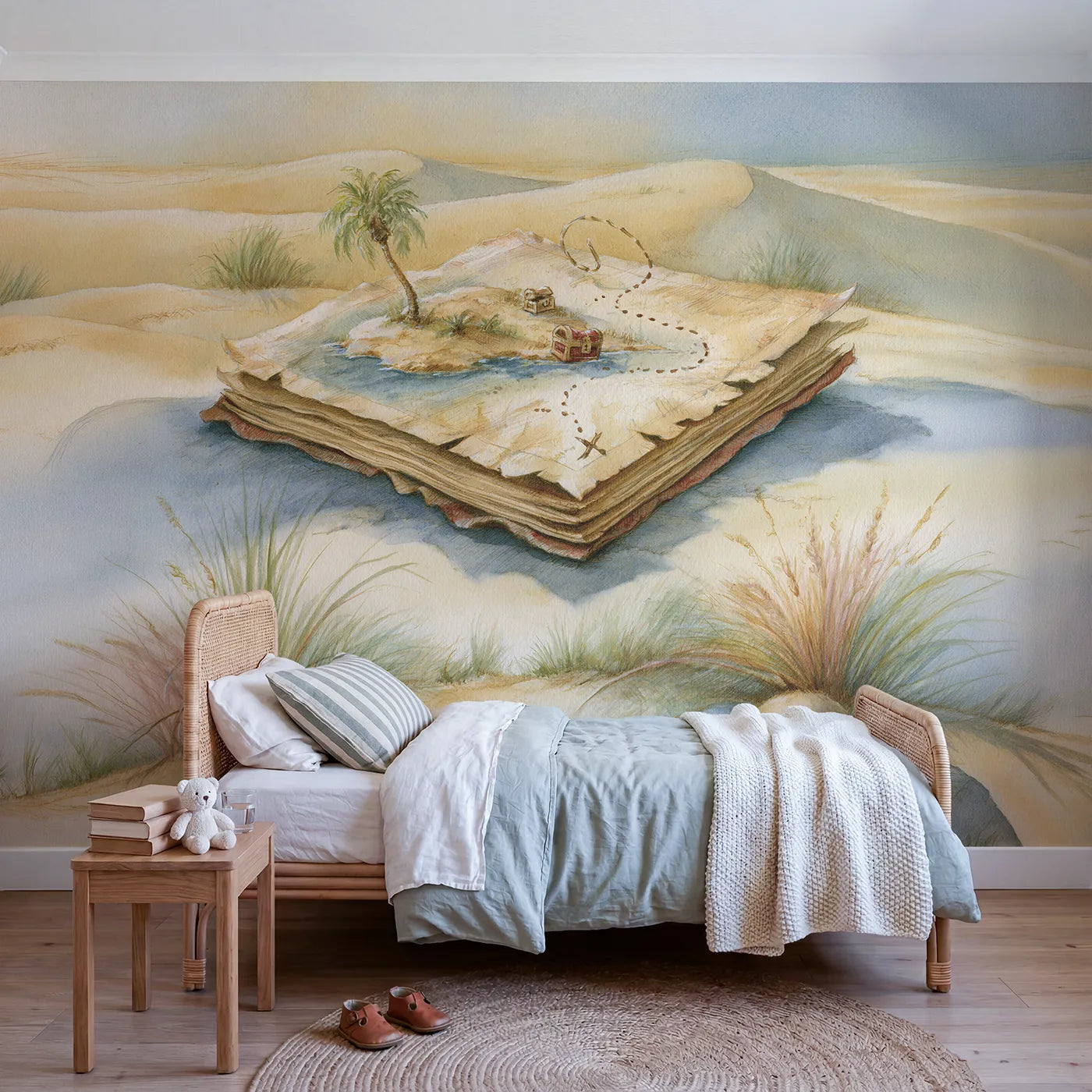Storybook wall mural of a treasure hunt map on warm cream by Whimsy Tots