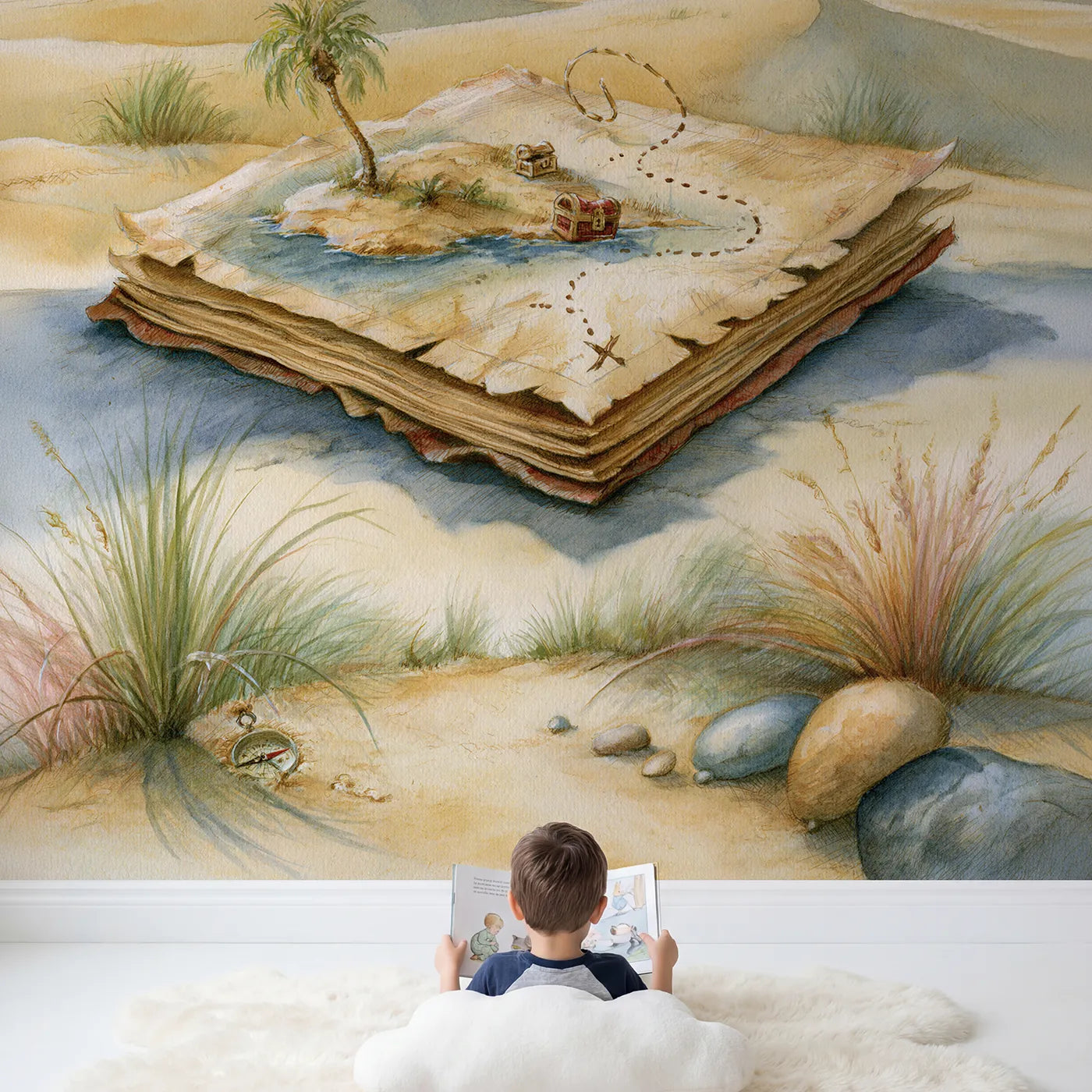 Child in nursery with Treasure Hunt Map Wallpaper Mural by Whimsy Tots