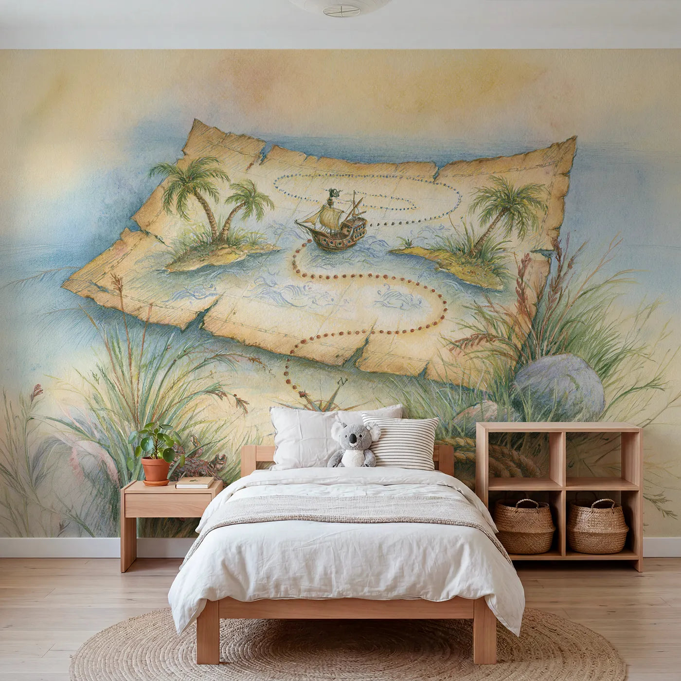 Storybook wall mural of a pirate voyage map on warm cream by Whimsy Tots