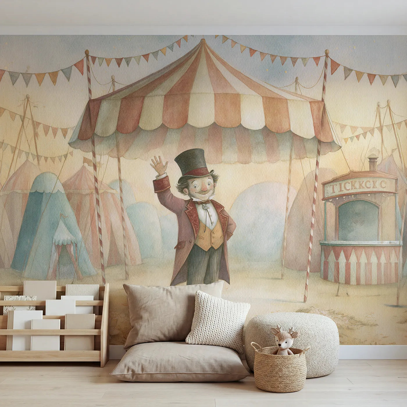 Storybook wall mural of a ringmaster under a big top on warm cream by Whimsy Tots