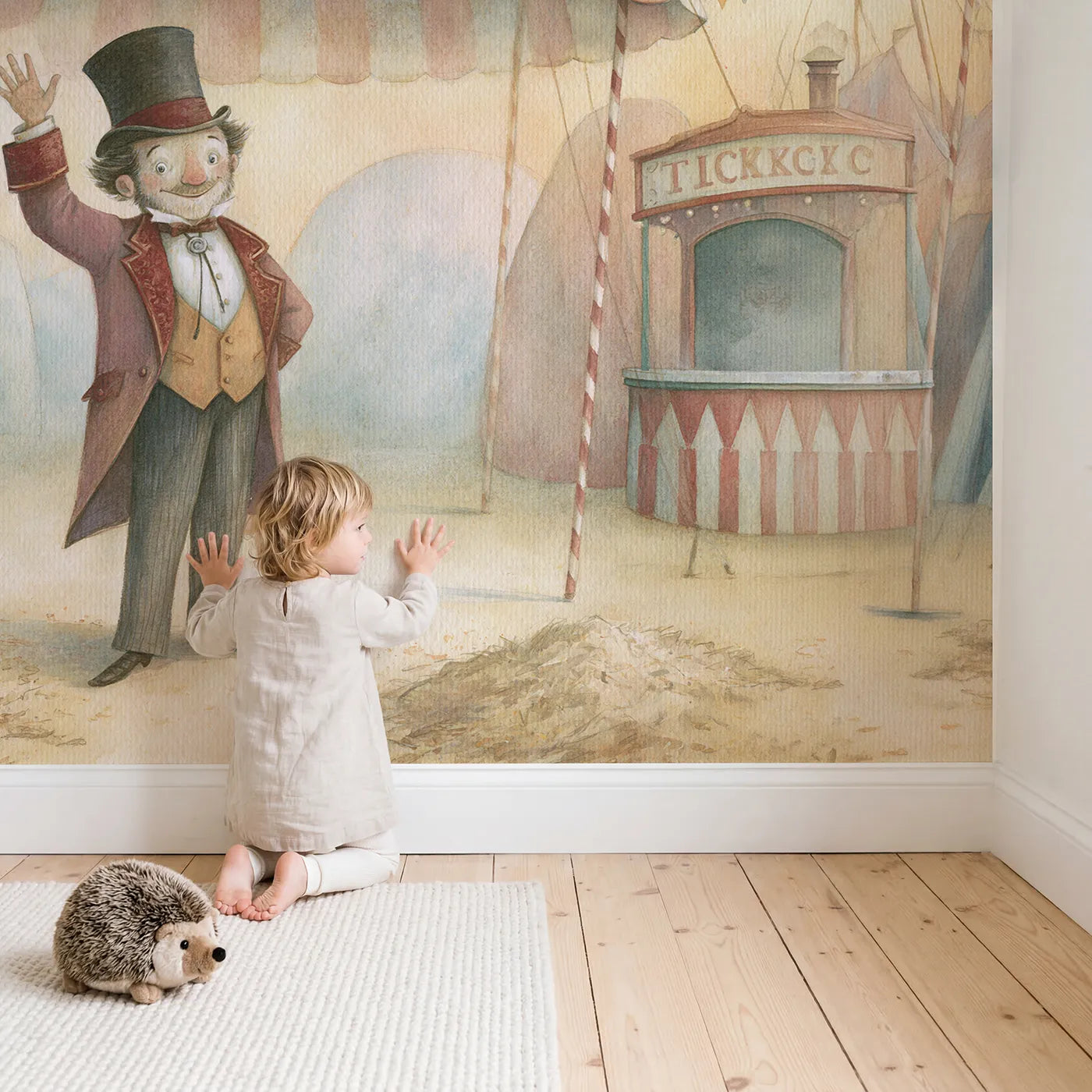Child in nursery with Cheerful Ringmaster Show Wallpaper Mural by Whimsy Tots