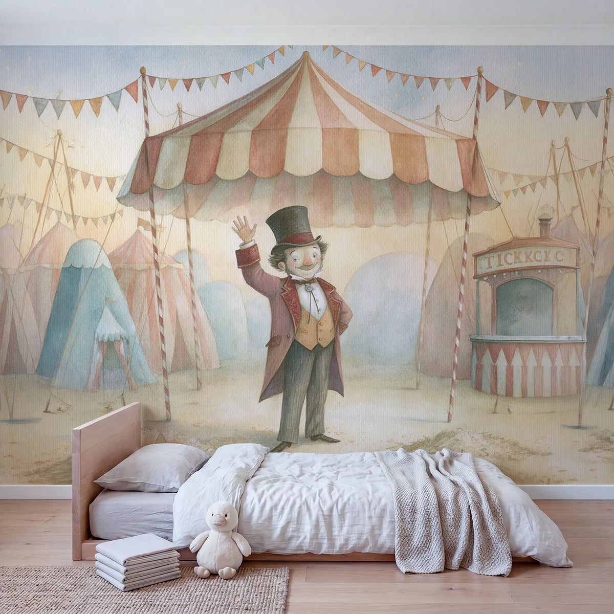 Cheerful Ringmaster Show Wallpaper Mural in playroom setting by Whimsy Tots