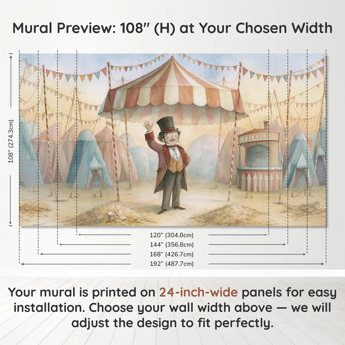 Panel layout and dimensions for Cheerful Ringmaster Show Wallpaper Mural by Whimsy Tots