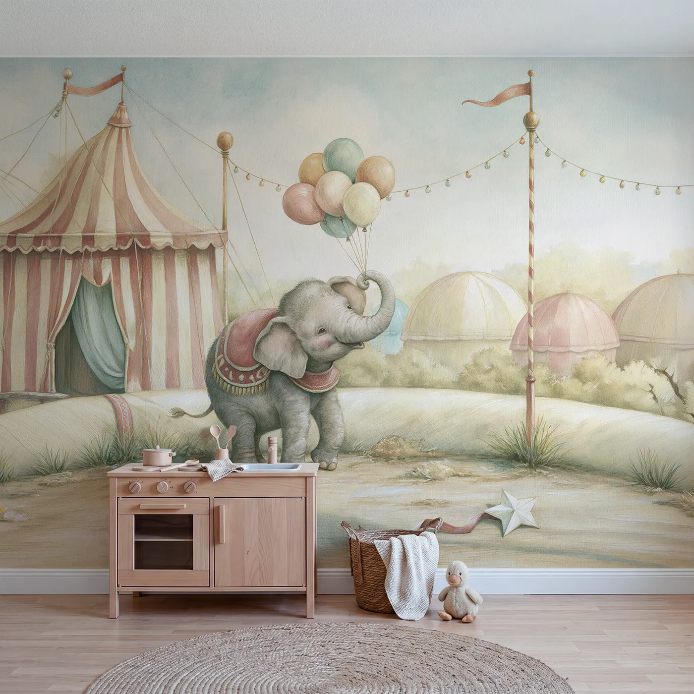 Storybook wall mural of an elephant offering balloons on warm cream by Whimsy Tots