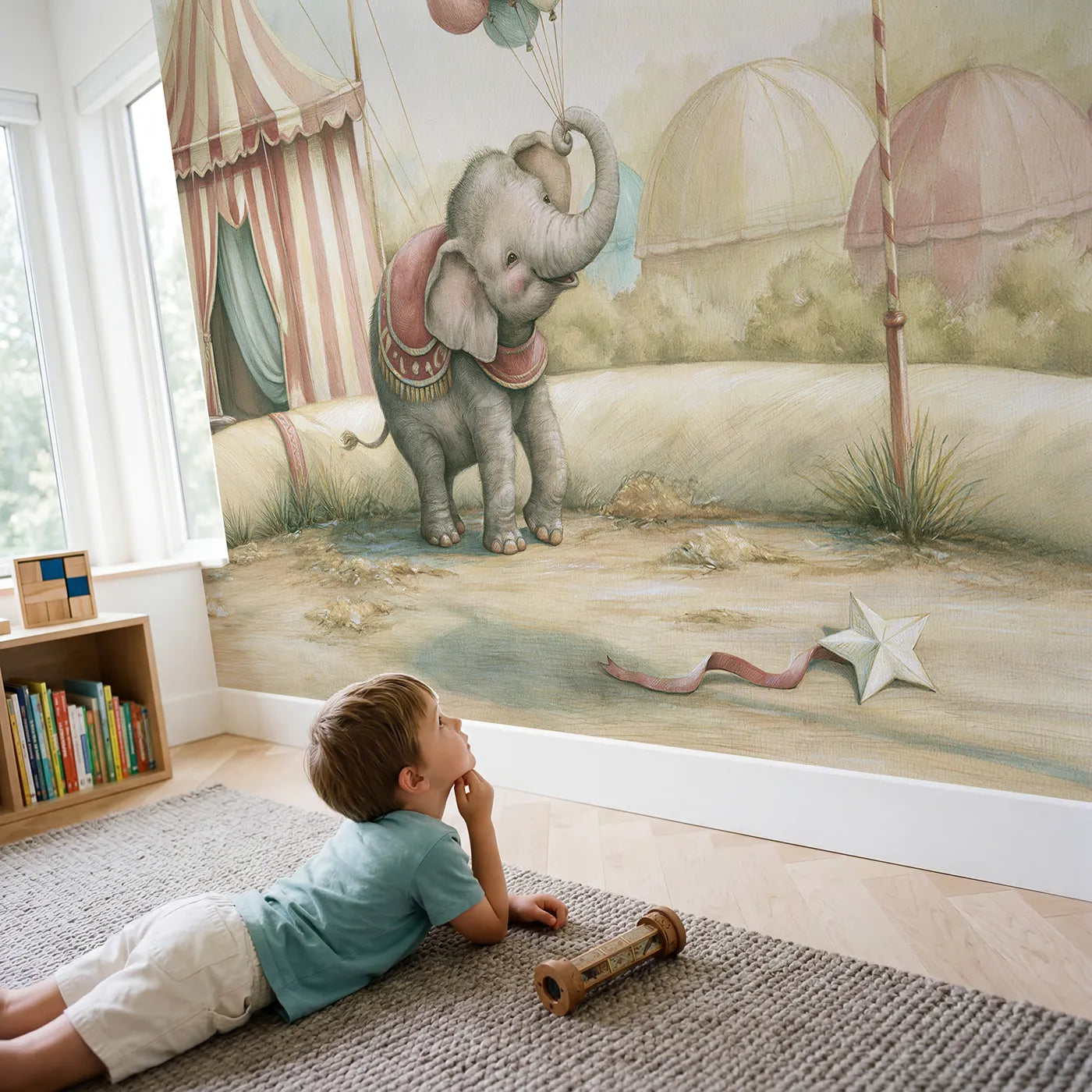 Child in nursery with Happy Circus Elephant Wallpaper Mural by Whimsy Tots