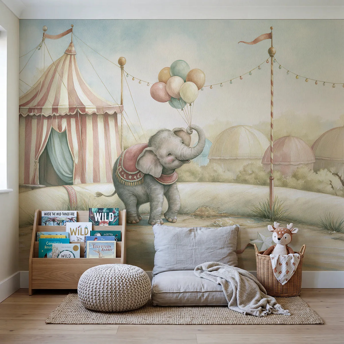 Happy Circus Elephant Wallpaper Mural in playroom setting by Whimsy Tots
