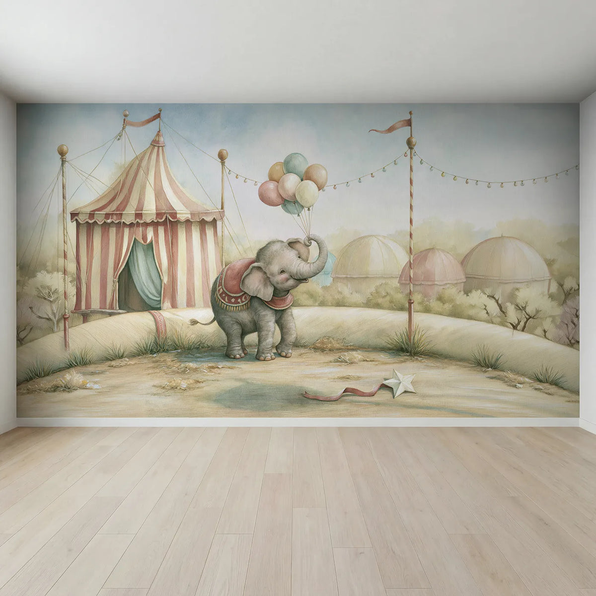 Full view of Happy Circus Elephant Wallpaper Mural by Whimsy Tots
