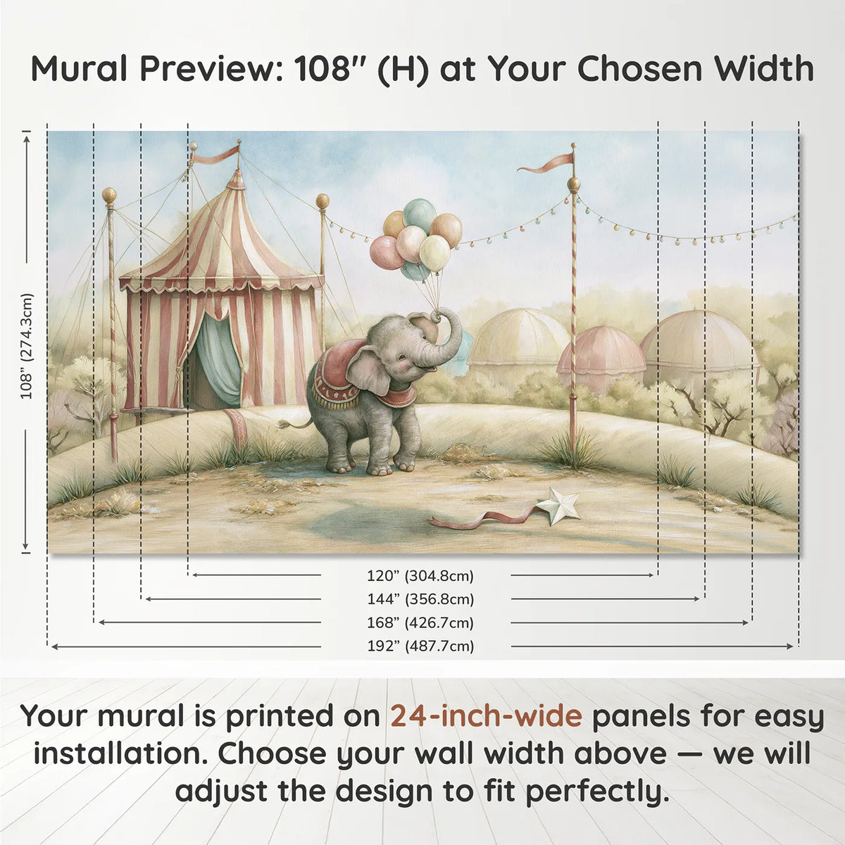 Panel layout and dimensions for Happy Circus Elephant Wallpaper Mural by Whimsy Tots