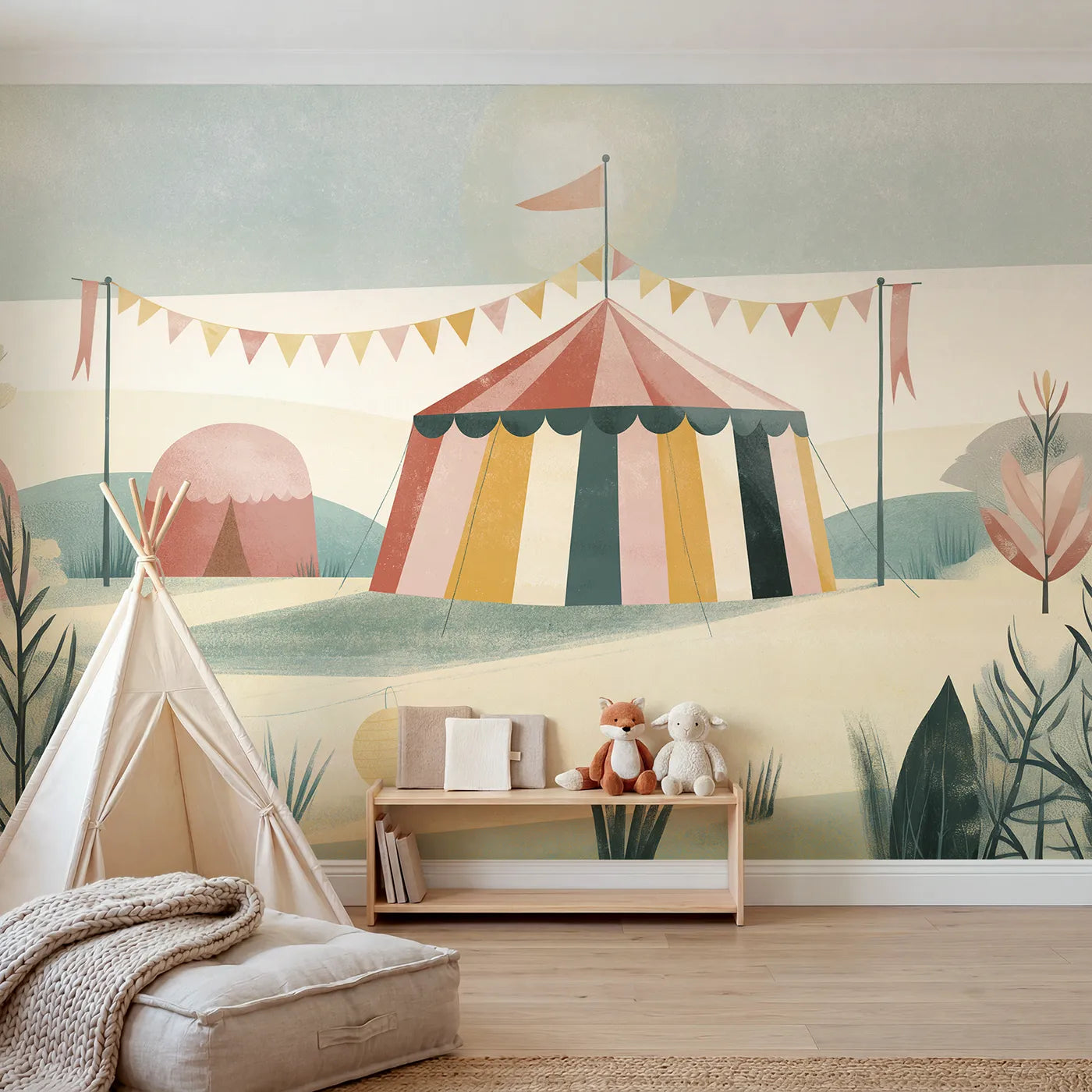 Gouache wall mural of a folk big top with bunting on warm cream by Whimsy Tots