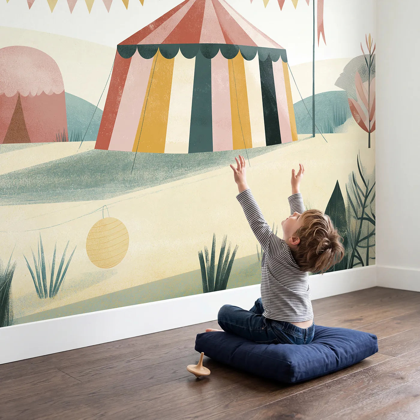 Child in nursery with Folk Big Top Wallpaper Mural by Whimsy Tots
