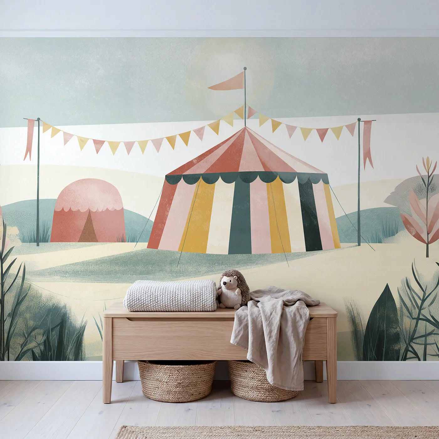 Folk Big Top Wallpaper Mural in playroom setting by Whimsy Tots