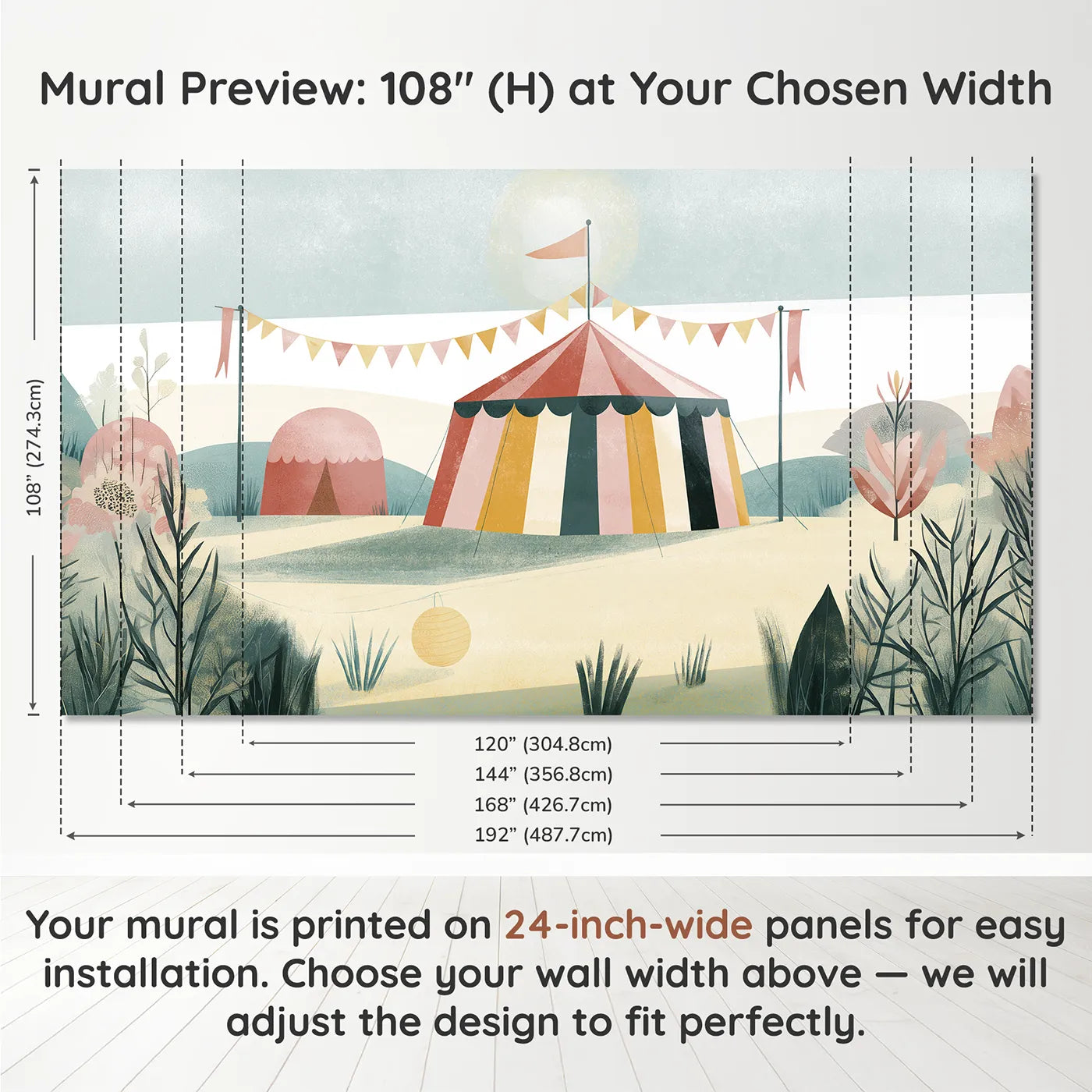 Panel layout and dimensions for Folk Big Top Wallpaper Mural by Whimsy Tots