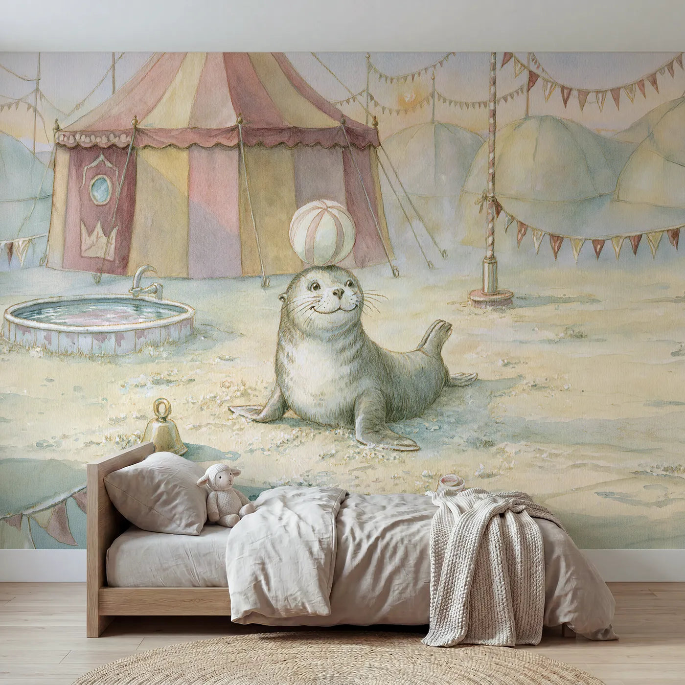 Storybook wall mural of a seal playing with a ball on warm cream by Whimsy Tots