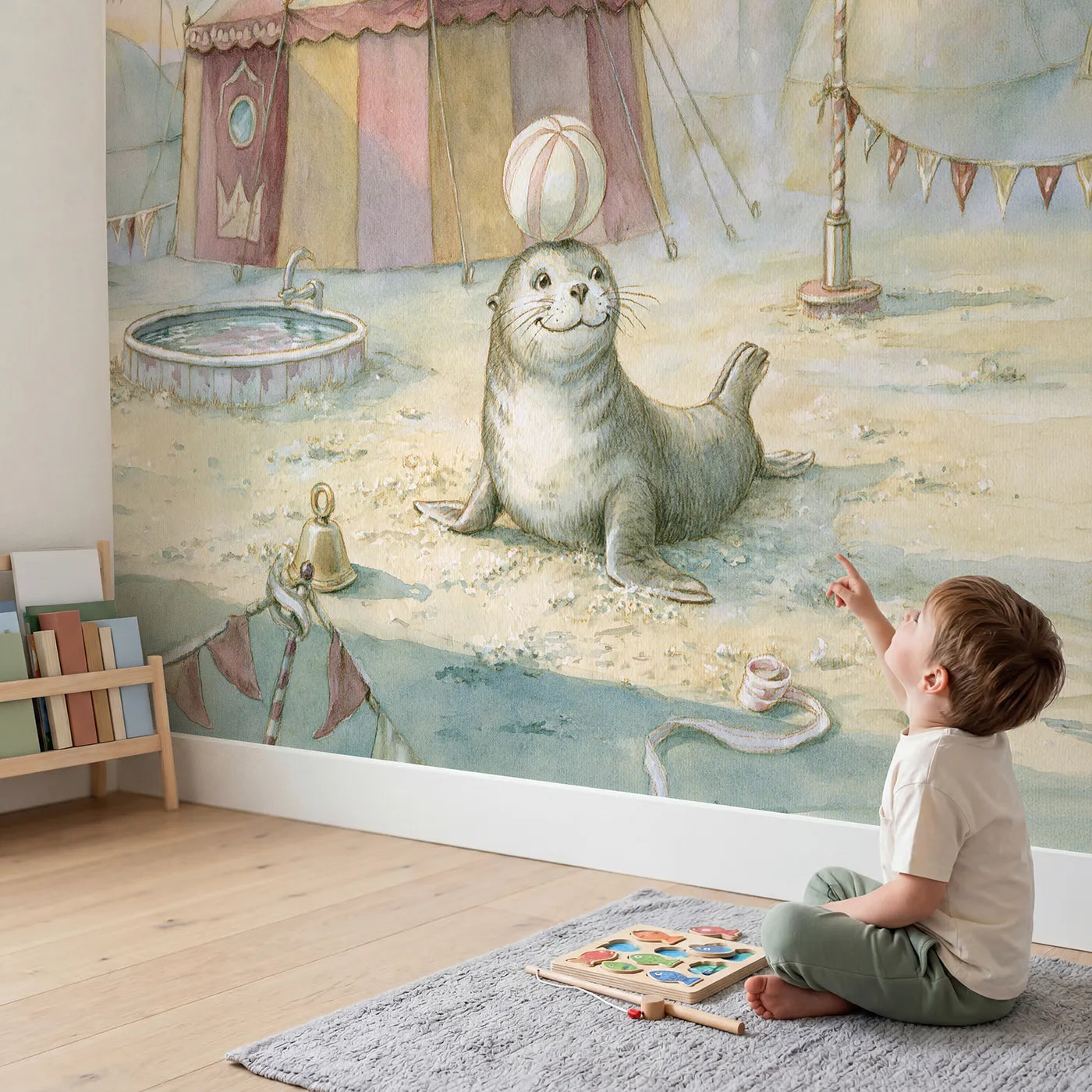 Child in nursery with Playful Seal Friend Wallpaper Mural by Whimsy Tots