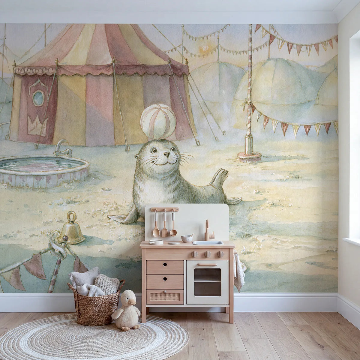 Playful Seal Friend Wallpaper Mural in playroom setting by Whimsy Tots