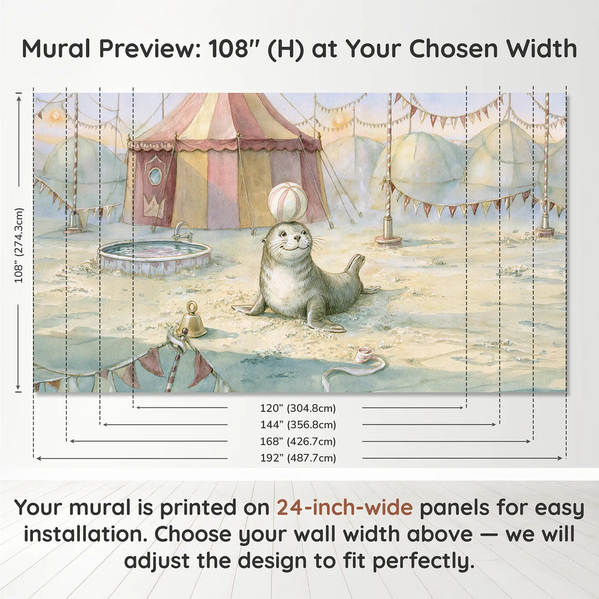 Panel layout and dimensions for Playful Seal Friend Wallpaper Mural by Whimsy Tots