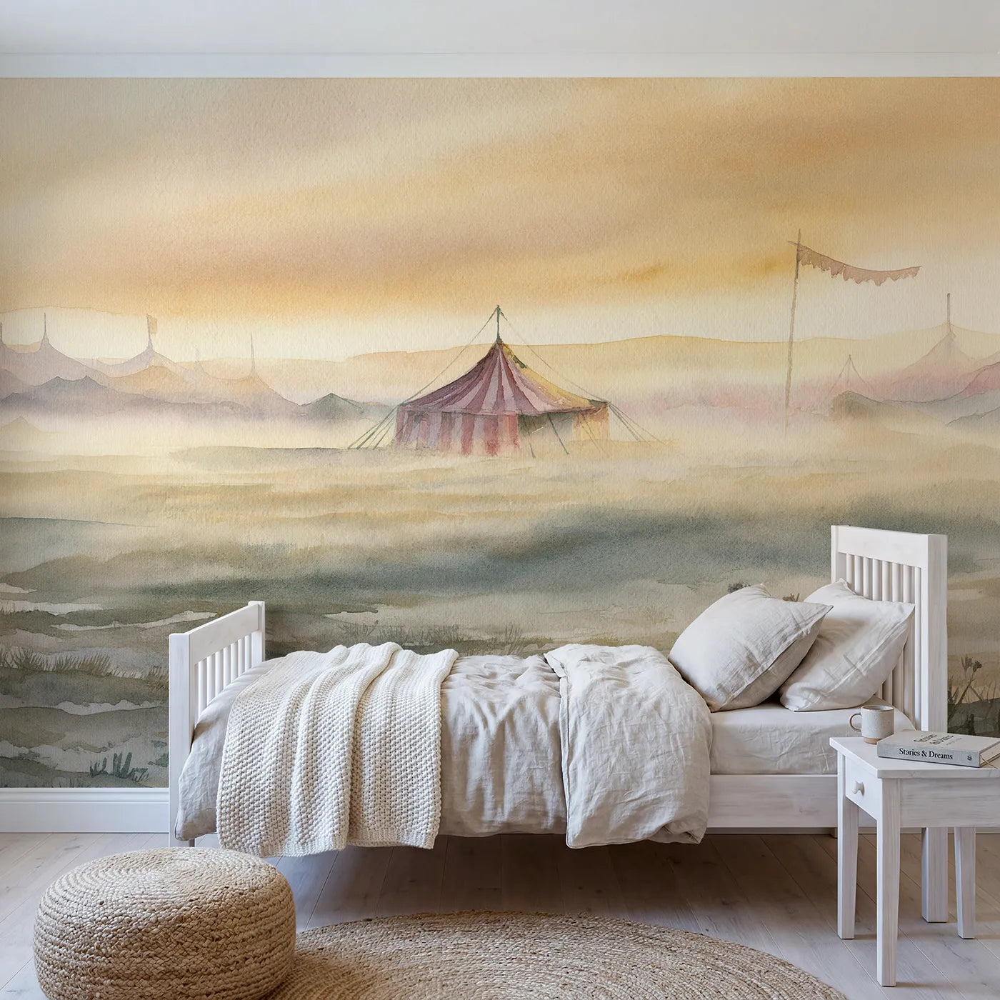 Watercolor wall mural of a big top in dawn mist on warm cream by Whimsy Tots